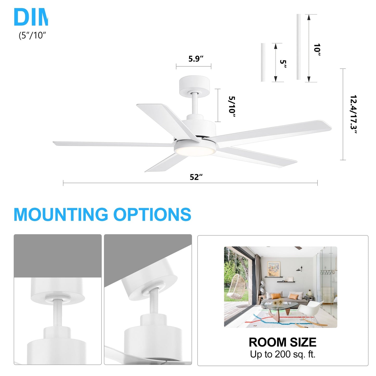 Ventilateur de plafond Breezary à 5 pales LED 65/52/42 avec kit d'éclairage et télécommande