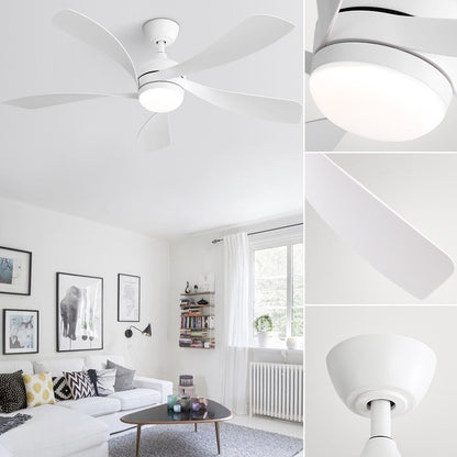 Ventilateur de plafond 52 pouces avec télécommande et éclairage, moteur DC silencieux, 5 pales, haut débit d'air, design moderne.