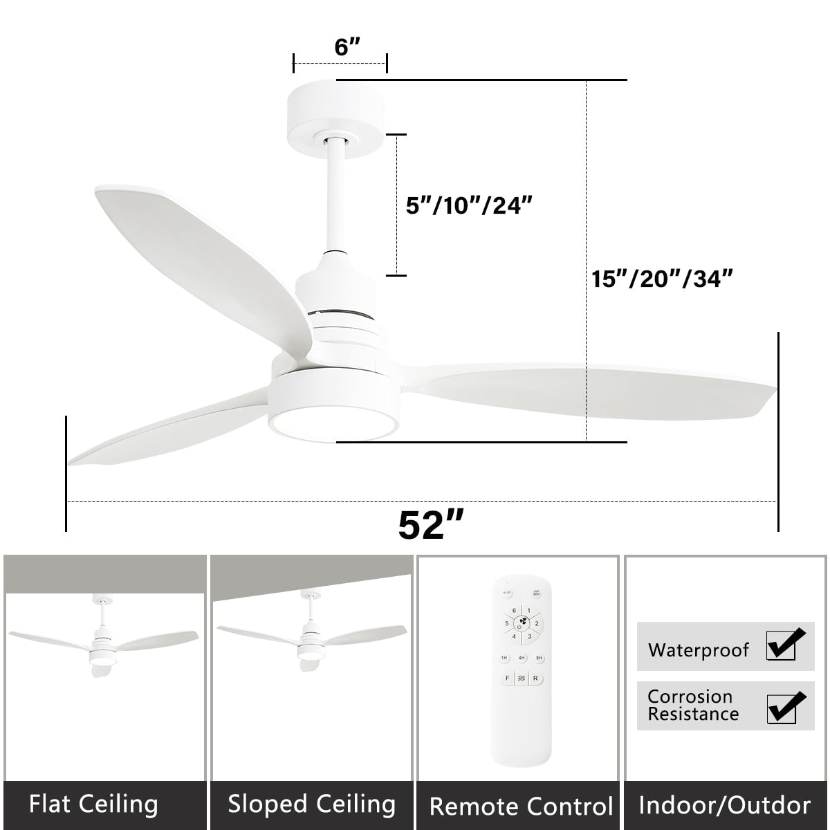 Ventilateur de plafond à LED intégré de 48 et 52 pouces avec lumière et télécommande, moteur à courant continu réversible.