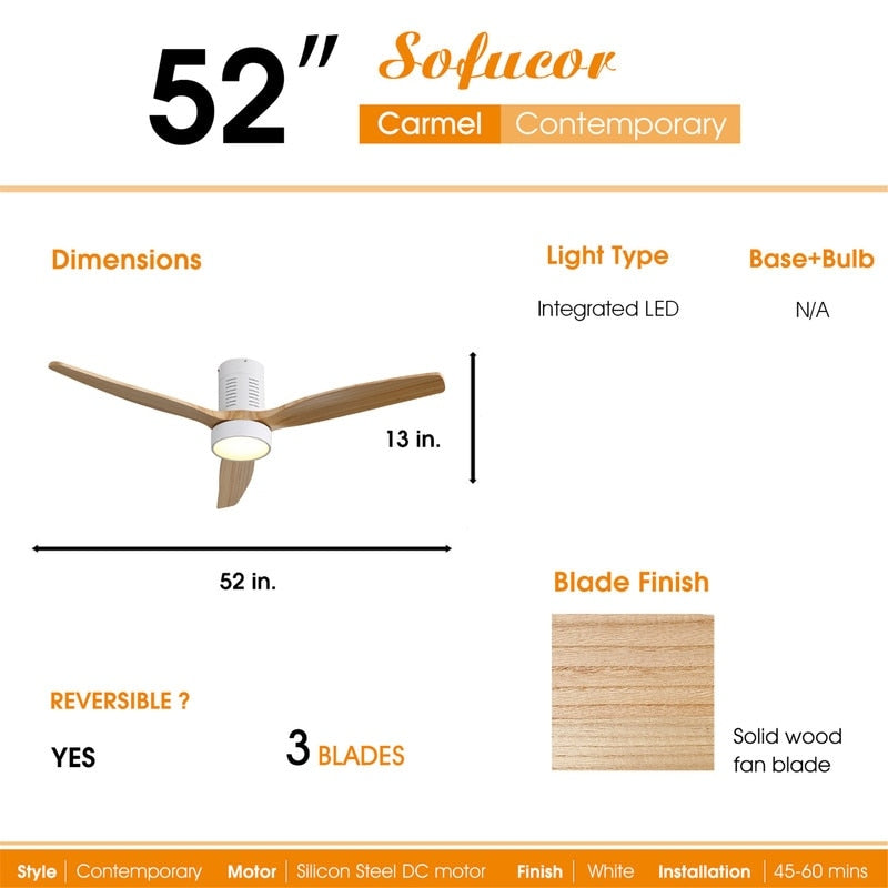Ventilateur de plafond encastré de 52 pouces de style farmhouse avec éclairage et télécommande, moteur DC réversible.