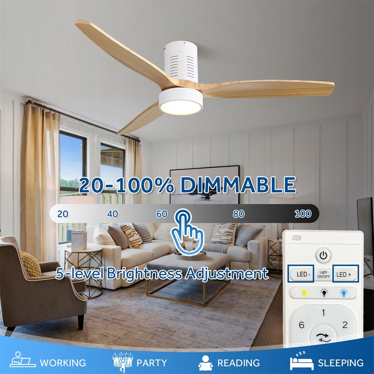 Ventilateur de plafond encastré de 52 pouces de style farmhouse avec éclairage et télécommande, moteur DC réversible.