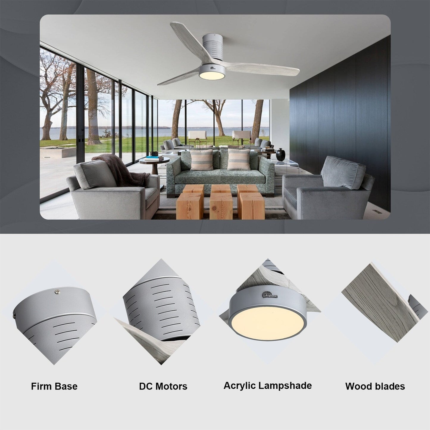 Ventilateur de plafond encastré de 52 pouces de style farmhouse avec éclairage et télécommande, moteur DC réversible.