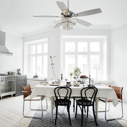 Ventilateur de plafond moderne à 5 pales en chrome et bois de 52 pouces avec télécommande et cristaux.