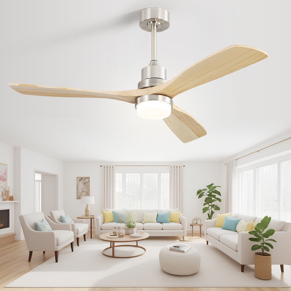 Ventilateur de plafond intérieur en bois Sofucor 52 avec télécommande, éclairage intégré en option.