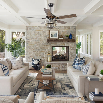 Ventilateur de plafond moderne à 5 pales en chrome et bois de 52 pouces avec télécommande et cristaux.