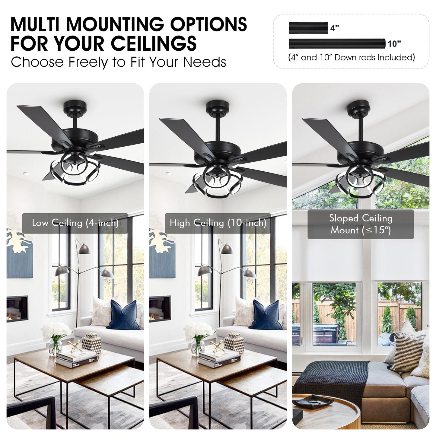 Ventilateur de plafond LED intérieur moderne à 52 pouces, chromé/noir, avec éclairage et télécommande, et fonction de gradation.