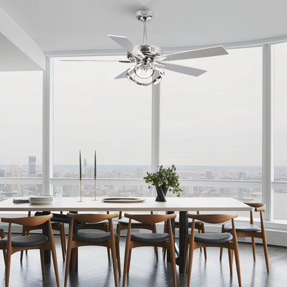 Ventilateur de plafond LED intérieur moderne à 52 pouces, chromé/noir, avec éclairage et télécommande, et fonction de gradation.