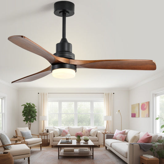 Ventilateur de plafond silencieux en bois de noyer 52/60/48 avec télécommande, éclairage intégré en option.