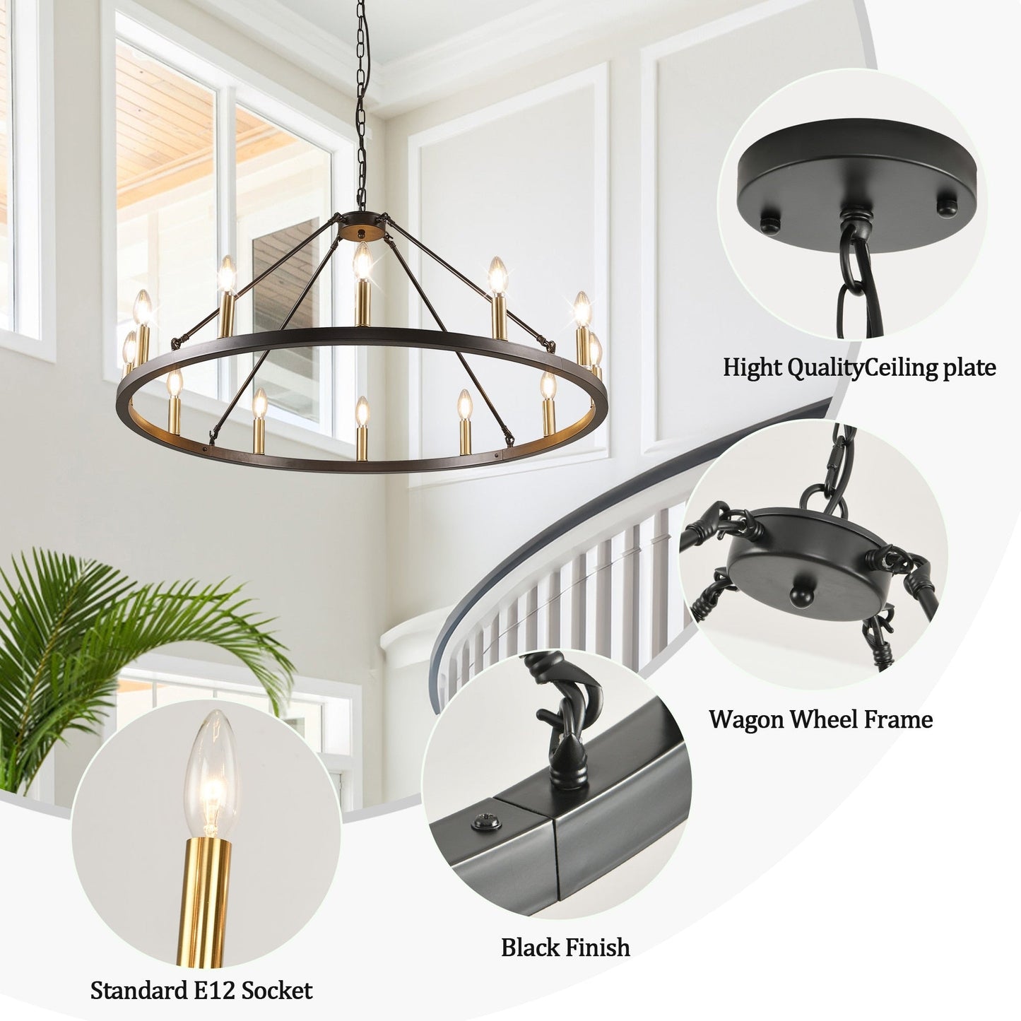 Luminaire à 24 lumières en forme de roue de chariot ronde de 54 pouces