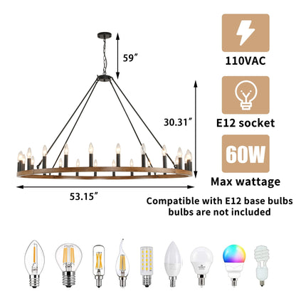 Luminaire à 24 lumières en forme de roue de chariot ronde de 54 pouces