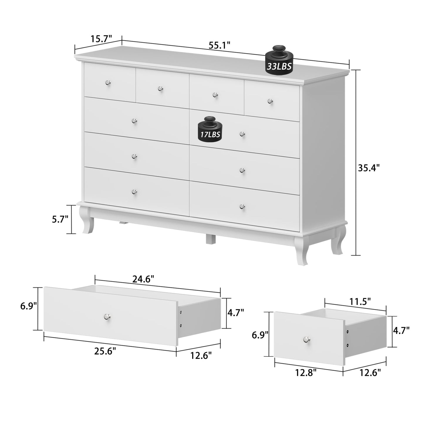 Commode de chambre à coucher double de 135 cm de large avec tiroirs de rangement