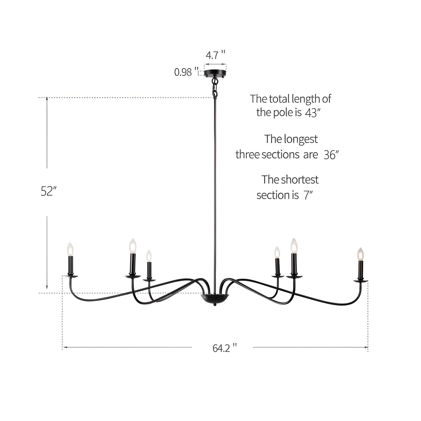 Luminaire minimaliste à 6 lumières de 64 pouces en noir mat / doré / chrome - N/A