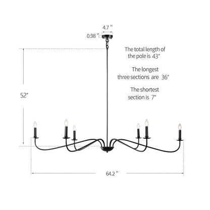 Luminaire minimaliste à 6 lumières de 64 pouces en noir mat / doré / chrome - N/A