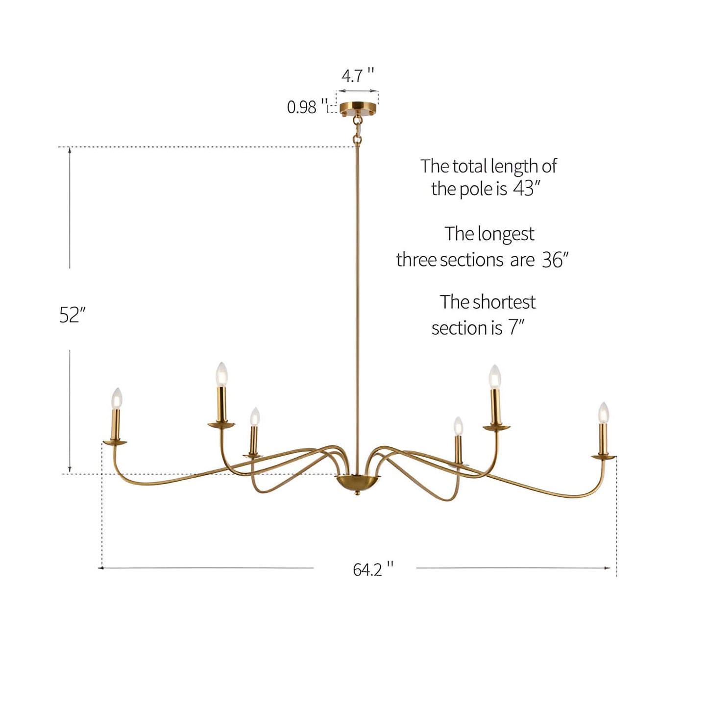 Luminaire minimaliste à 6 lumières de 64 pouces en noir mat / doré / chrome - N/A