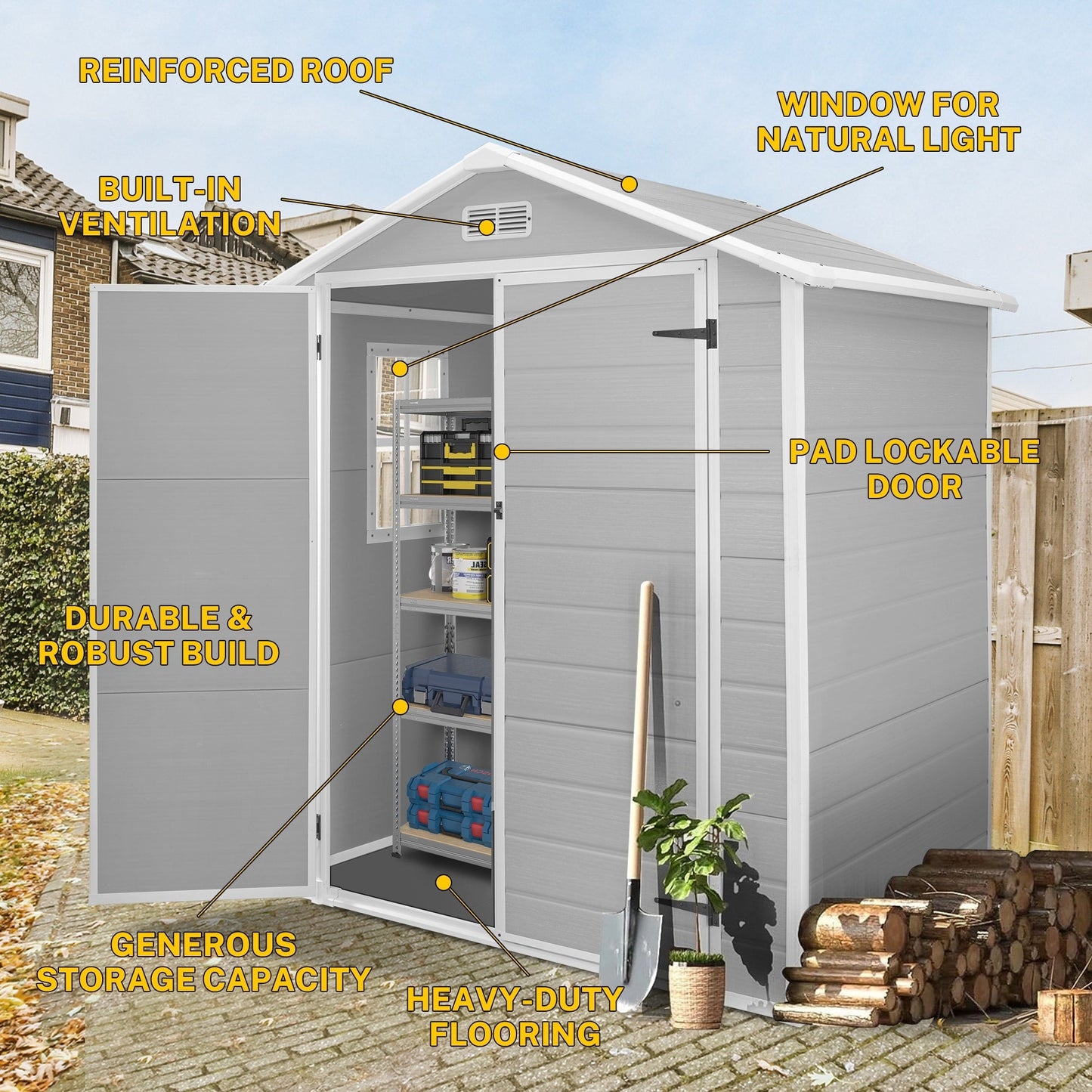 Abri de jardin en résine pour extérieur, résistant aux intempéries, avec plancher, modèle Spire Tool Shed, dimensions : 6 pi x 4 pi / 6 pi x 8 pi / 8 pi x 6 pi / 8 pi x 10 pi