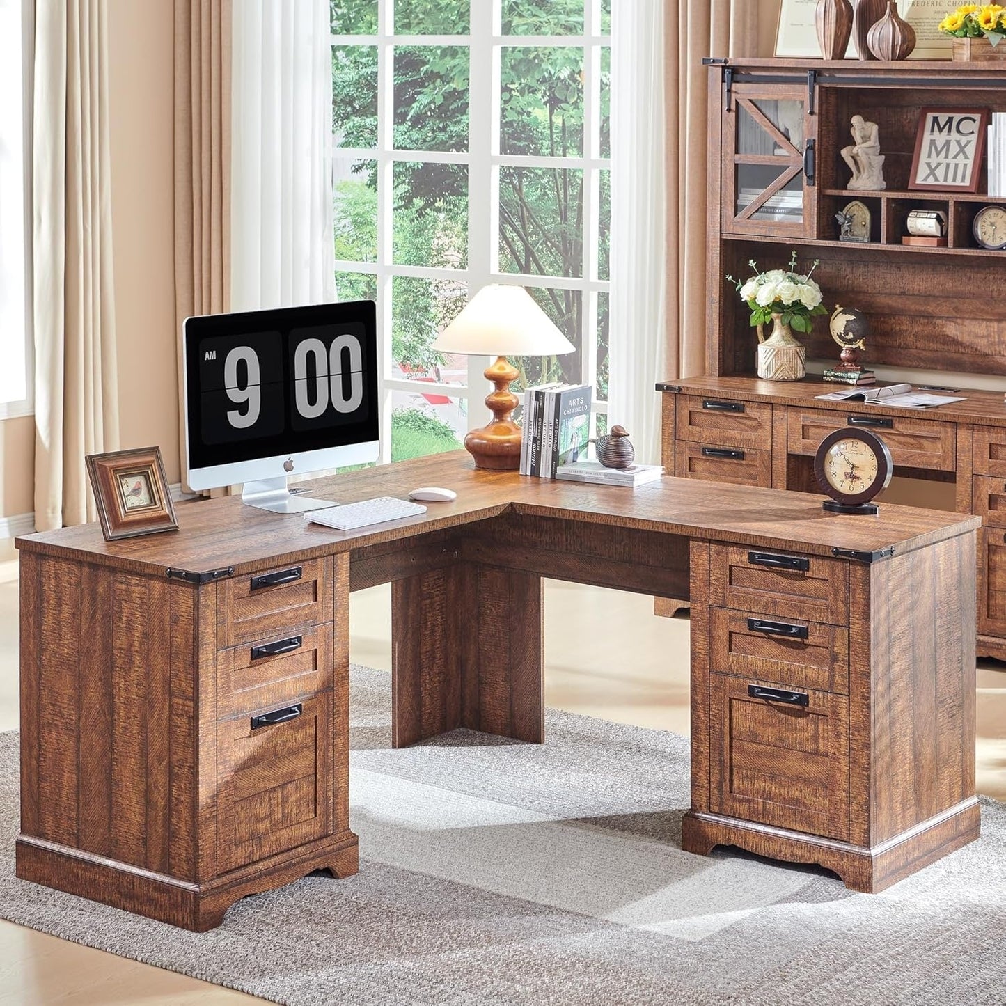 Bureau de direction en forme de L de style farmhouse, bureau d'angle en bois, bureau d'ordinateur