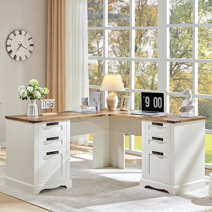 Bureau de direction en forme de L de style farmhouse, bureau d'angle en bois, bureau d'ordinateur