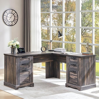 Bureau de direction en forme de L de style farmhouse, bureau d'angle en bois, bureau d'ordinateur