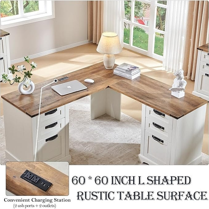 Bureau de direction en forme de L de style farmhouse, bureau d'angle en bois, bureau d'ordinateur