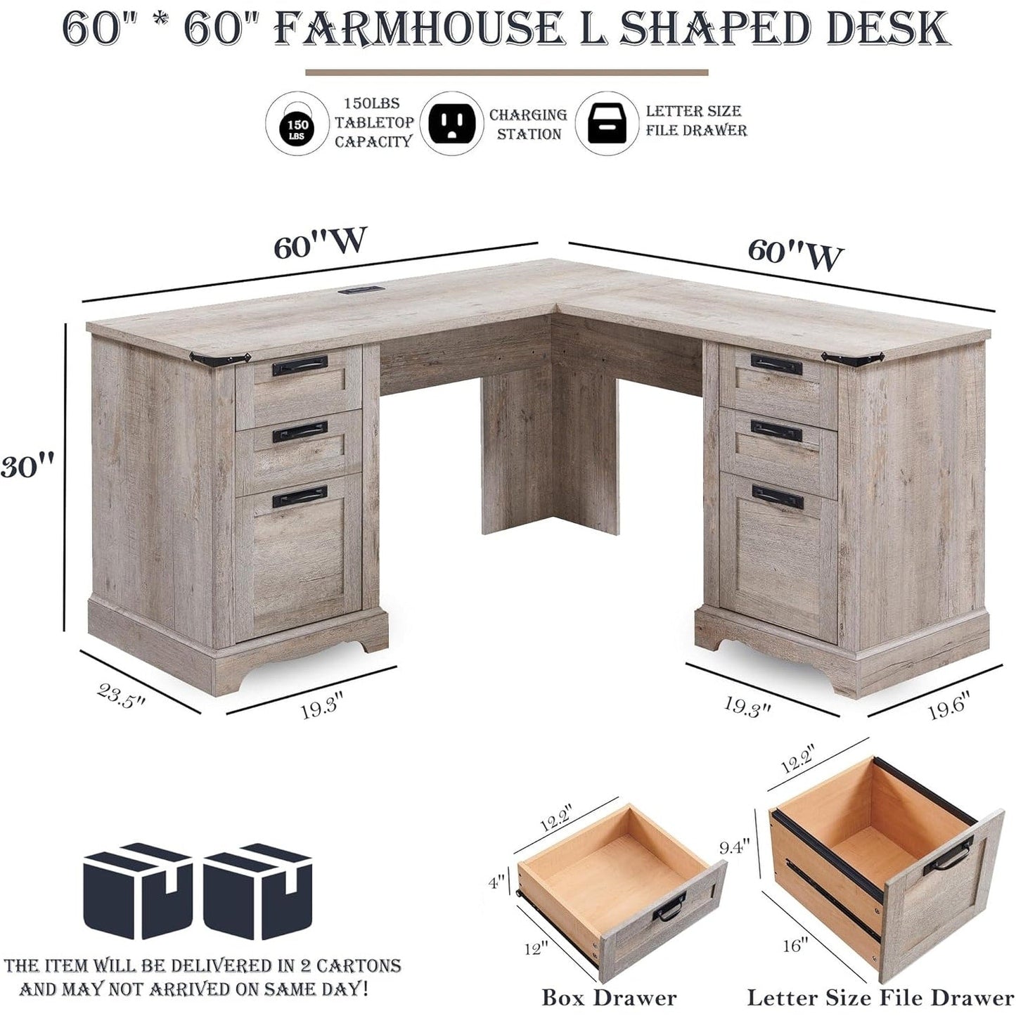 Bureau de direction en forme de L de style farmhouse, bureau d'angle en bois, bureau d'ordinateur