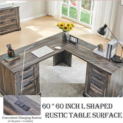 Bureau de direction en forme de L de style farmhouse, bureau d'angle en bois, bureau d'ordinateur