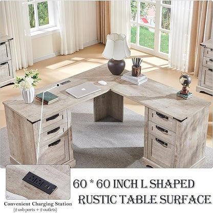 Bureau de direction en forme de L de style farmhouse, bureau d'angle en bois, bureau d'ordinateur