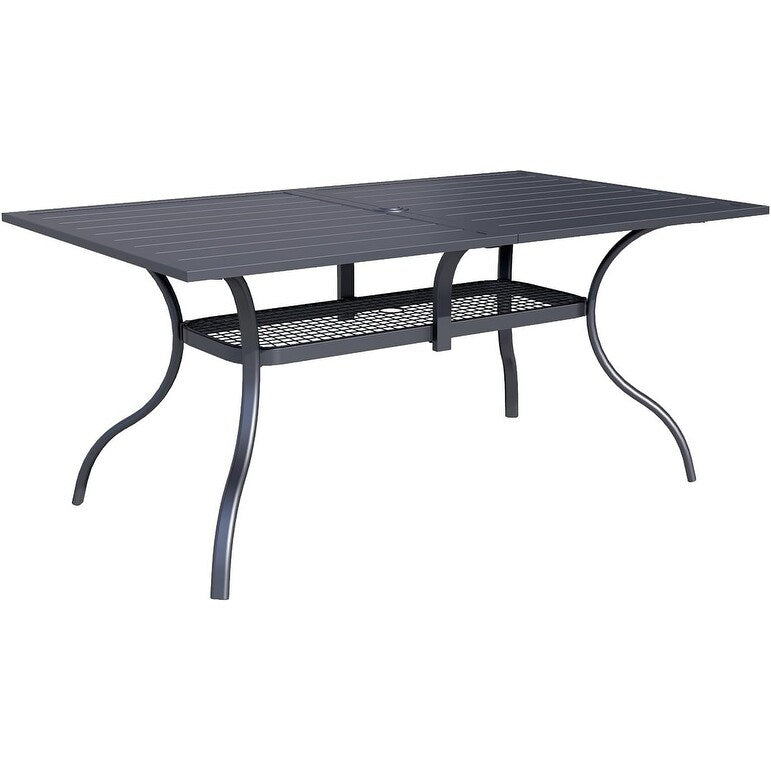 Table rectangulaire de salle à manger en métal à lattes pour extérieur, avec trou pour parasol, 60 x 37 pouces, pour 6 personnes.