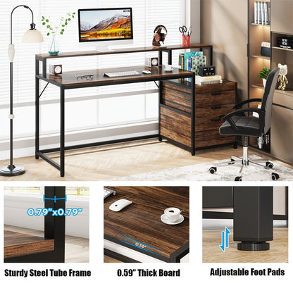 Bureau d'ordinateur de 63 pouces avec support de moniteur, bureau de travail ergonomique pour la maison avec tiroirs et armoire à dossiers.