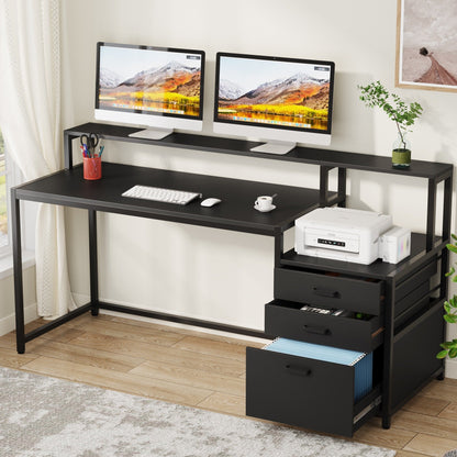 Bureau d'ordinateur de 63 pouces avec support de moniteur, bureau de travail ergonomique pour la maison avec tiroirs et armoire à dossiers.