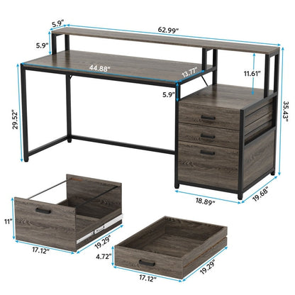 Bureau d'ordinateur de 63 pouces avec support de moniteur, bureau de travail ergonomique pour la maison avec tiroirs et armoire à dossiers.