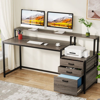 Bureau d'ordinateur de 63 pouces avec support de moniteur, bureau de travail ergonomique pour la maison avec tiroirs et armoire à dossiers.