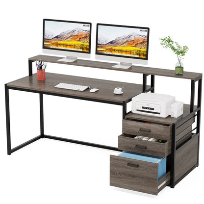 Bureau d'ordinateur de 63 pouces avec support de moniteur, bureau de travail ergonomique pour la maison avec tiroirs et armoire à dossiers.