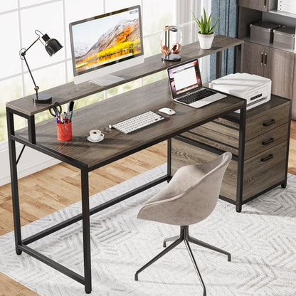 Bureau d'ordinateur de 63 pouces avec support de moniteur, bureau de travail ergonomique pour la maison avec tiroirs et armoire à dossiers.