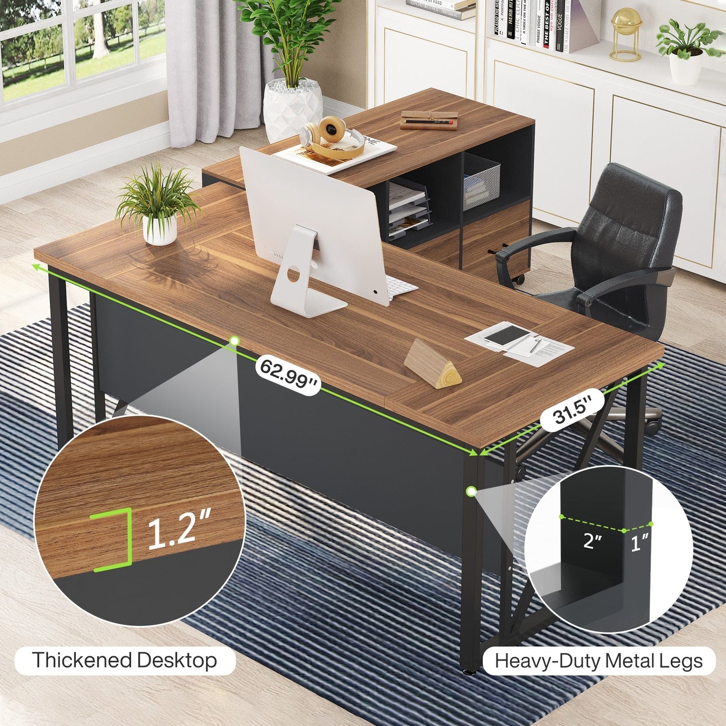 Bureau d'ordinateur en forme de L de 63 pouces avec armoire à dossiers latérale de 47 pouces, ensemble de bureau pour maison et bureau de direction.