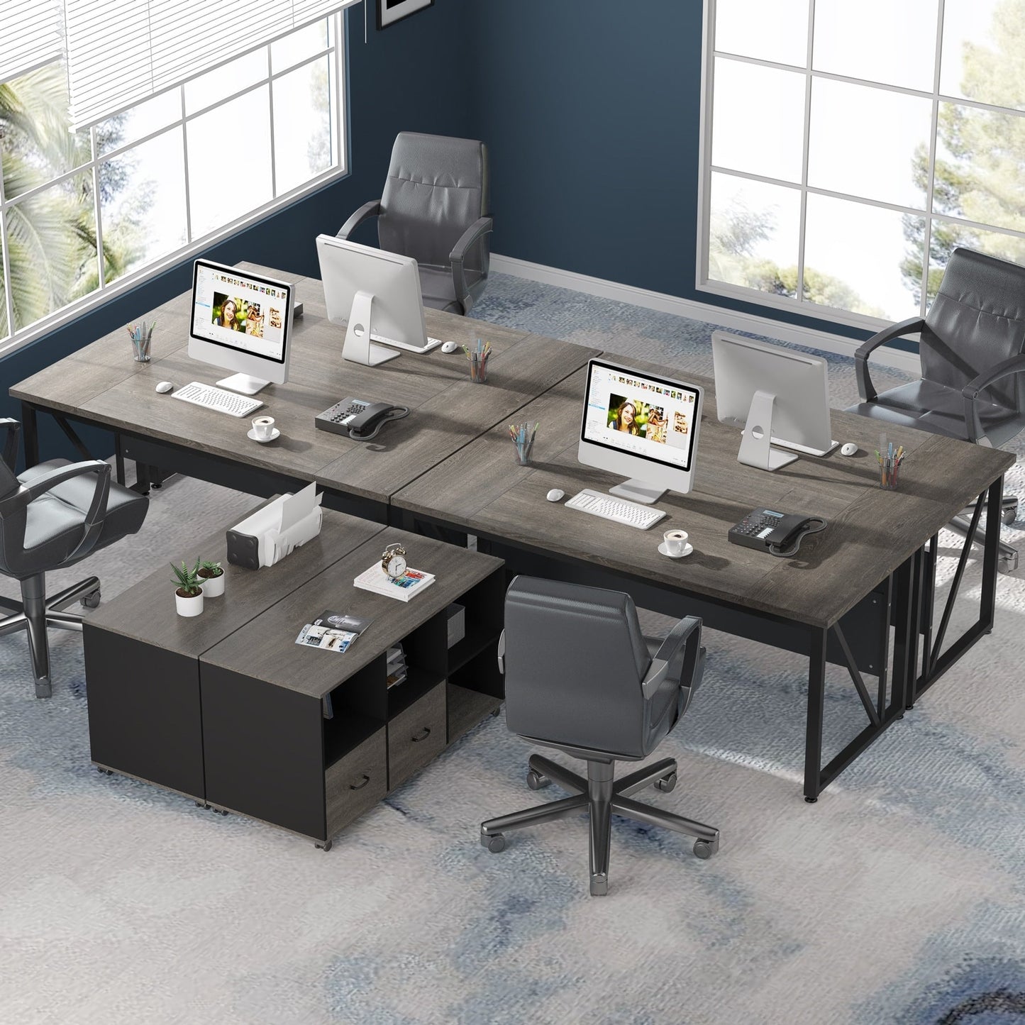 Bureau d'ordinateur en forme de L de 63 pouces avec armoire à dossiers latérale de 47 pouces, ensemble de bureau pour maison et bureau de direction.