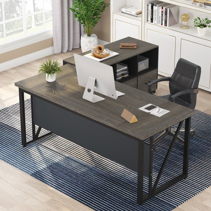Bureau d'ordinateur en forme de L de 63 pouces avec armoire à dossiers latérale de 47 pouces, ensemble de bureau pour maison et bureau de direction.