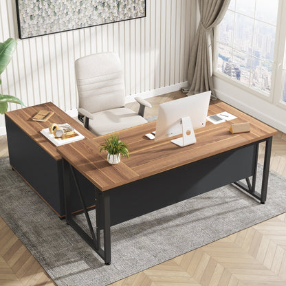 Bureau d'ordinateur en forme de L de 63 pouces avec armoire à dossiers latérale de 47 pouces, ensemble de bureau pour maison et bureau de direction.