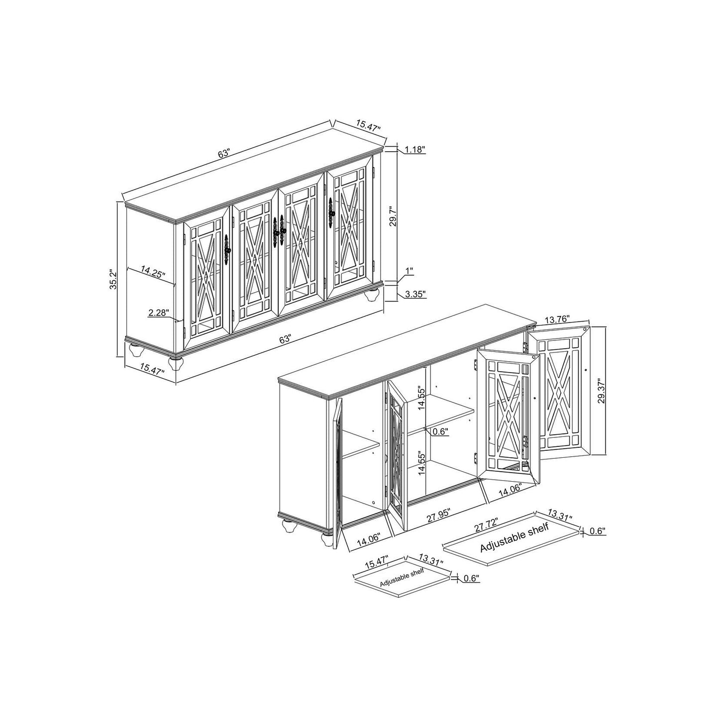 Buffet de cuisine de style vintage en bois, 160 cm de largeur.