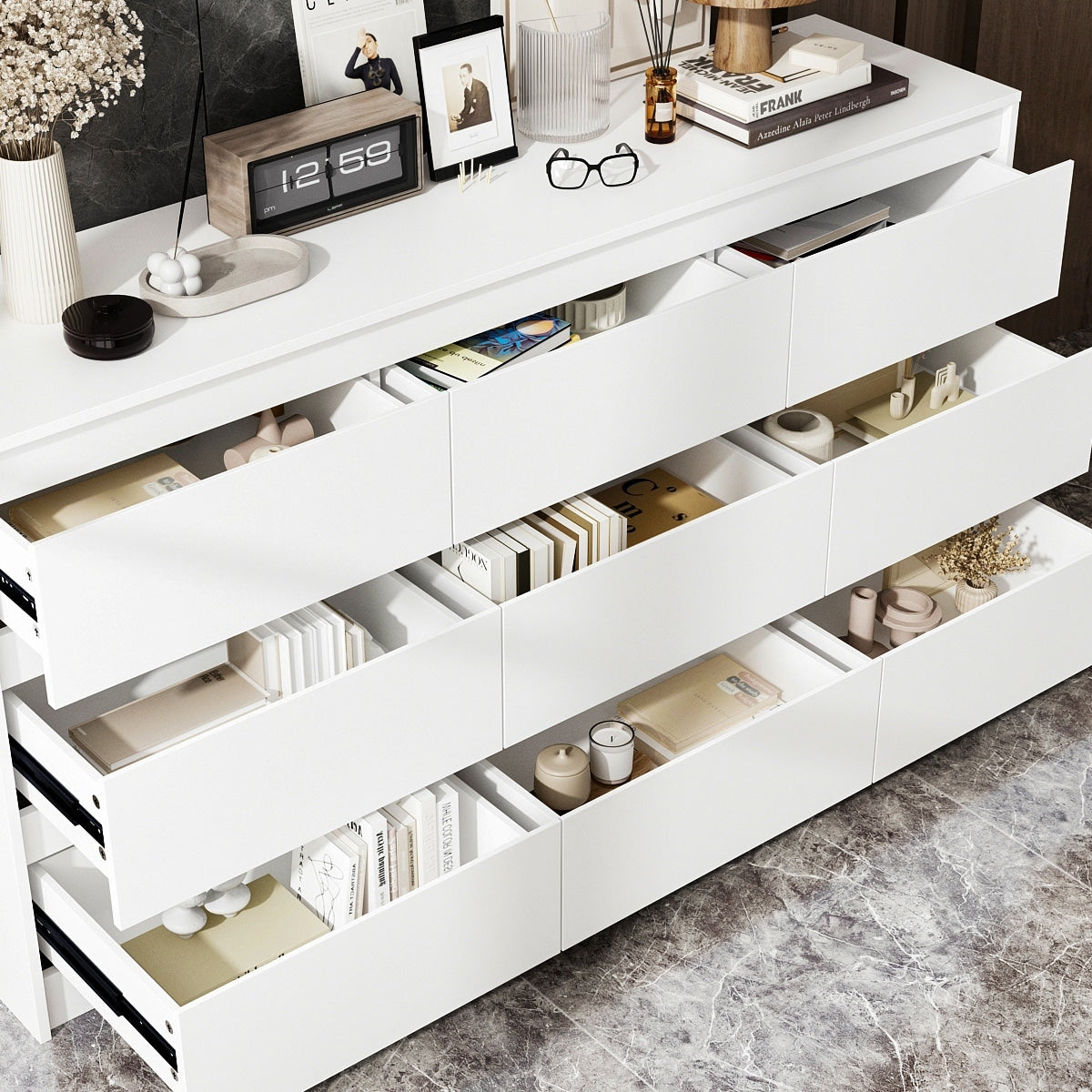 Commode 63W à 9 tiroirs, commode d'appoint pour salon et chambre à coucher.