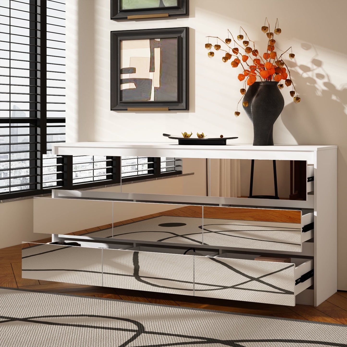 Commode 63W à 9 tiroirs, commode d'appoint pour salon et chambre à coucher.