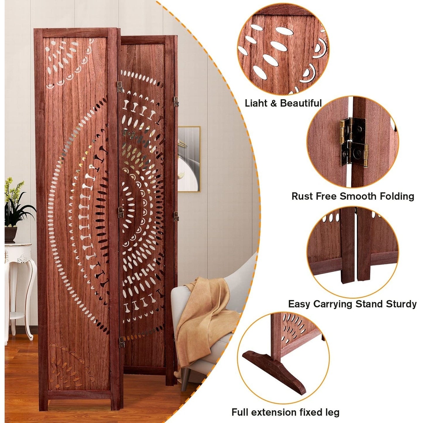 Paravent pliable en bois massif de 165 cm de hauteur