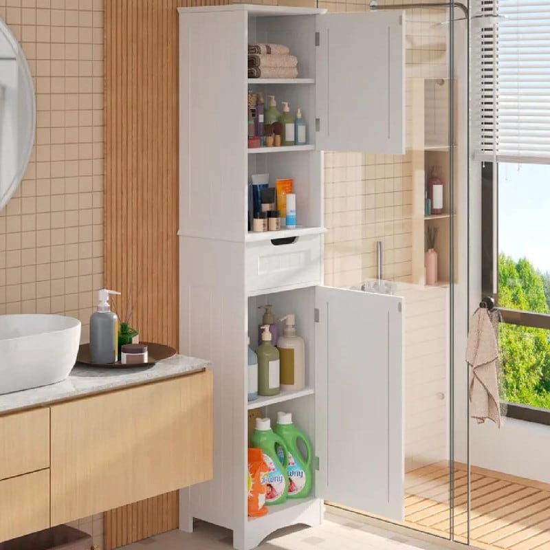 Armoire à linge de salle de bain étroite, 170 cm de hauteur, armoire de rangement à 5 niveaux en bois massif.