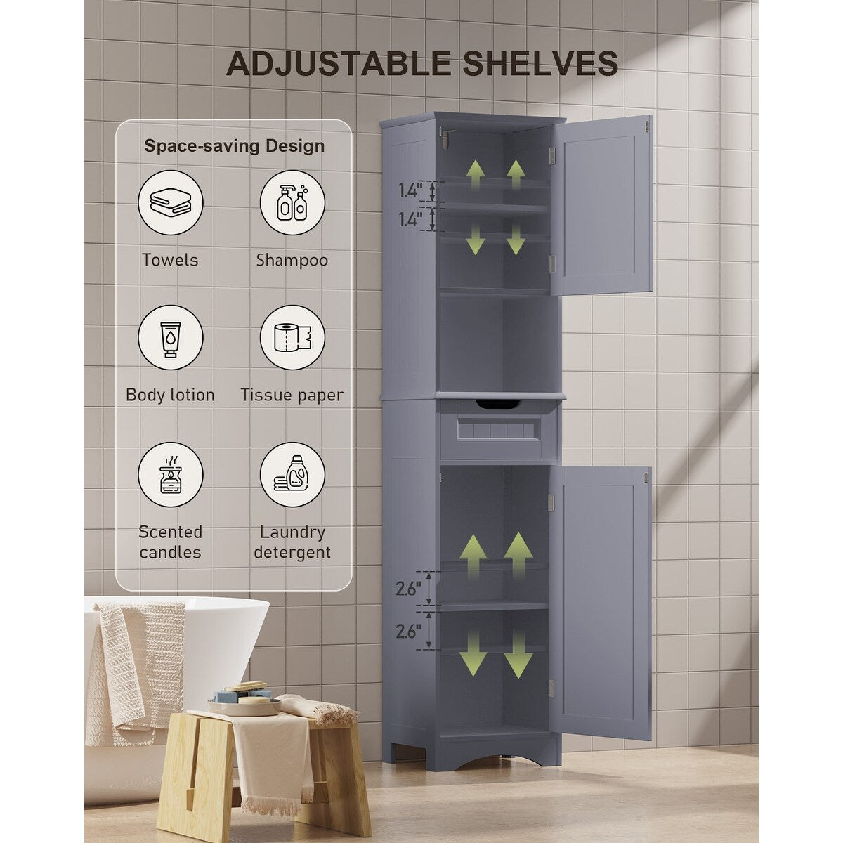 Armoire à linge de salle de bain étroite, 170 cm de hauteur, armoire de rangement à 5 niveaux en bois massif.