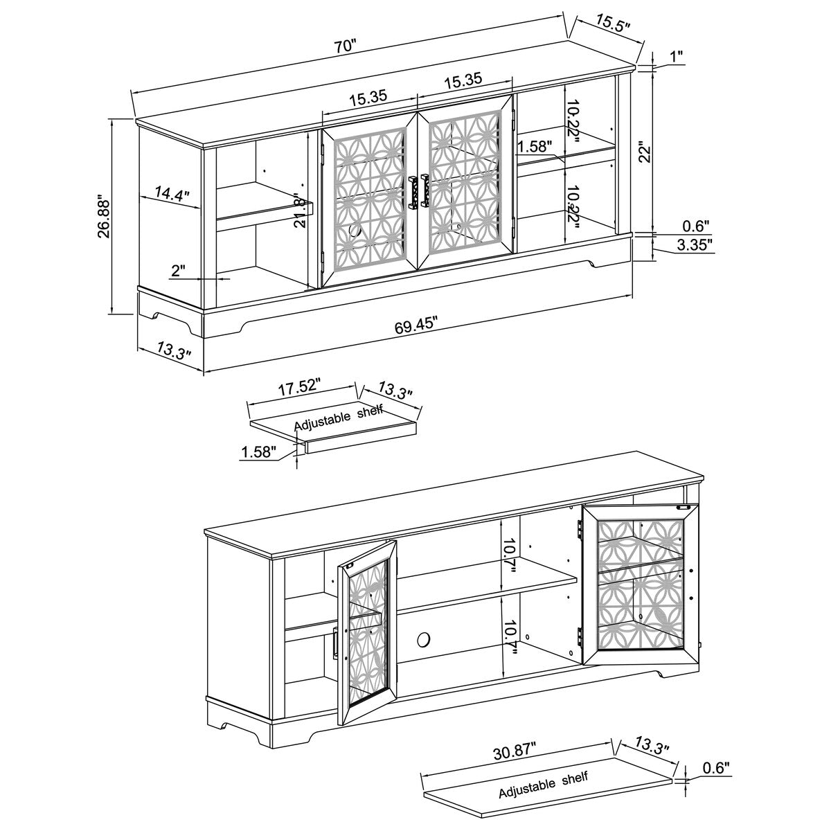 Meuble TV mural décoratif à motif floral rustique de 70 pouces pour téléviseurs jusqu'à 80 pouces