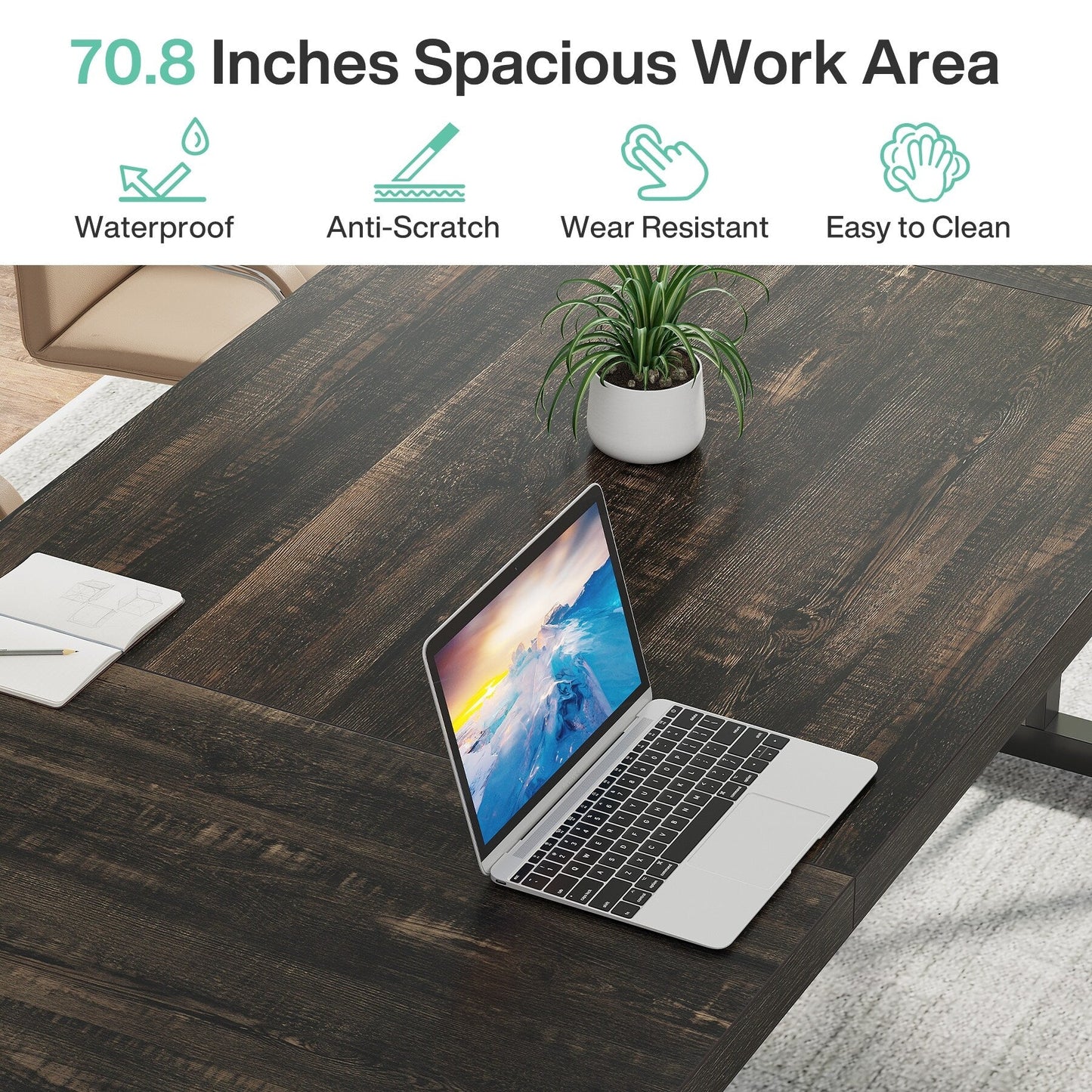 Bureau de direction de 180 cm, grand bureau d'ordinateur, poste de travail.