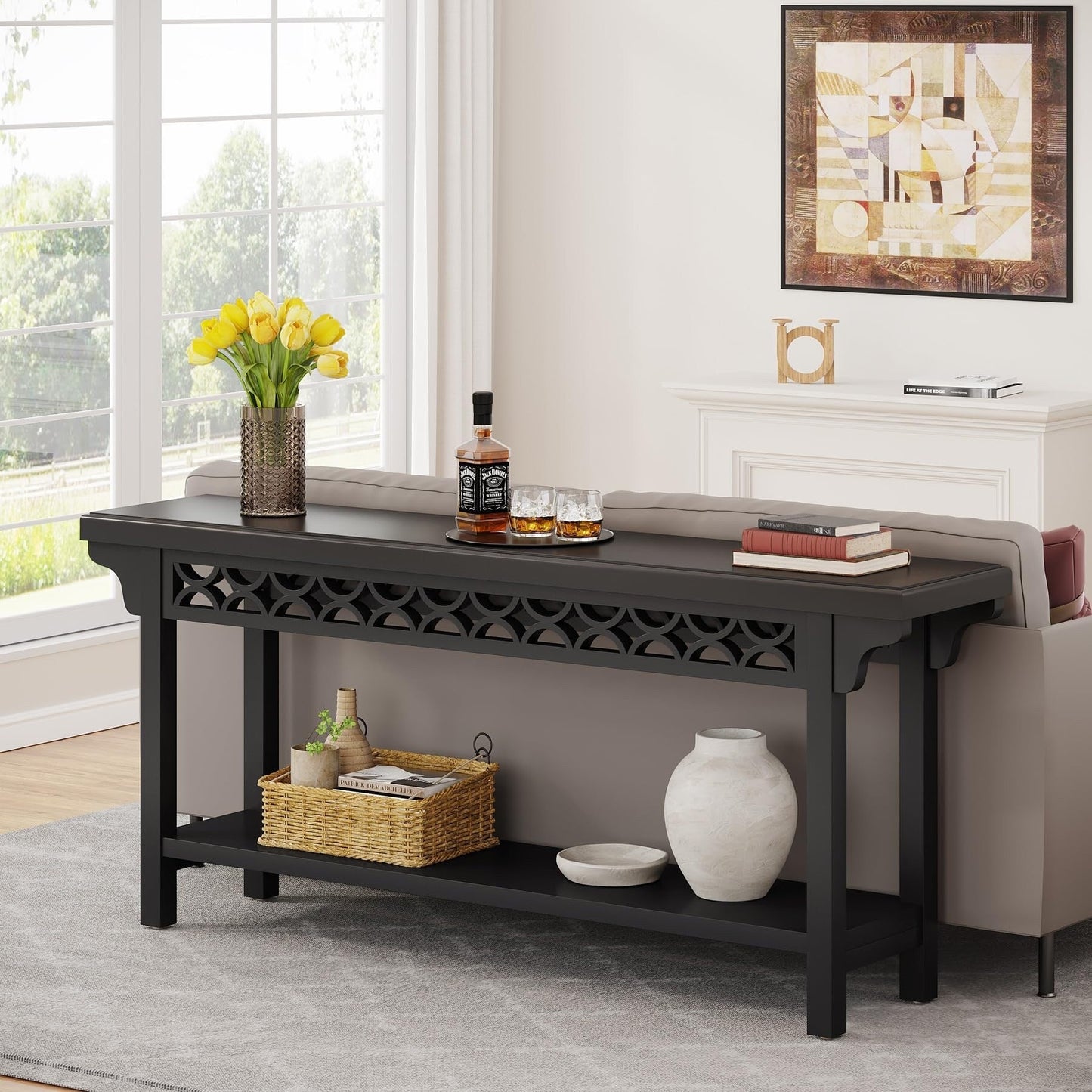 Table console longue de 179,5 cm en bois massif style farmhouse, à utiliser comme table de canapé.