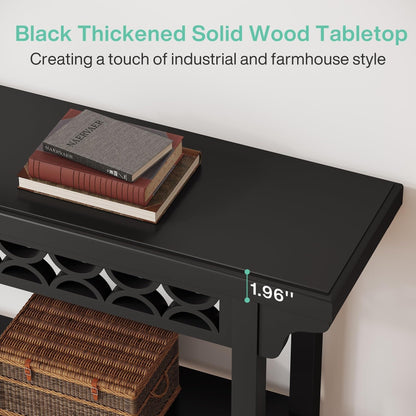 Table console longue de 179,5 cm en bois massif style farmhouse, à utiliser comme table de canapé.