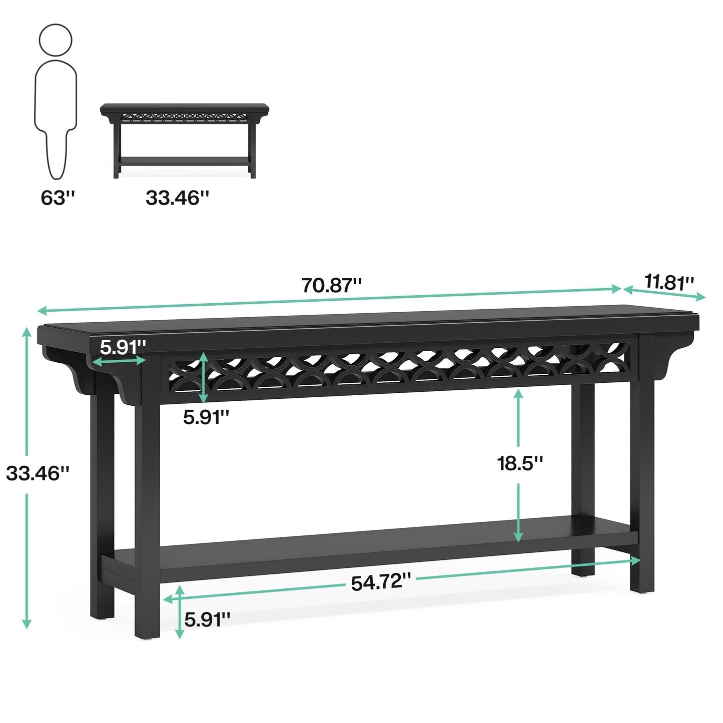 Table console longue de 179,5 cm en bois massif style farmhouse, à utiliser comme table de canapé.