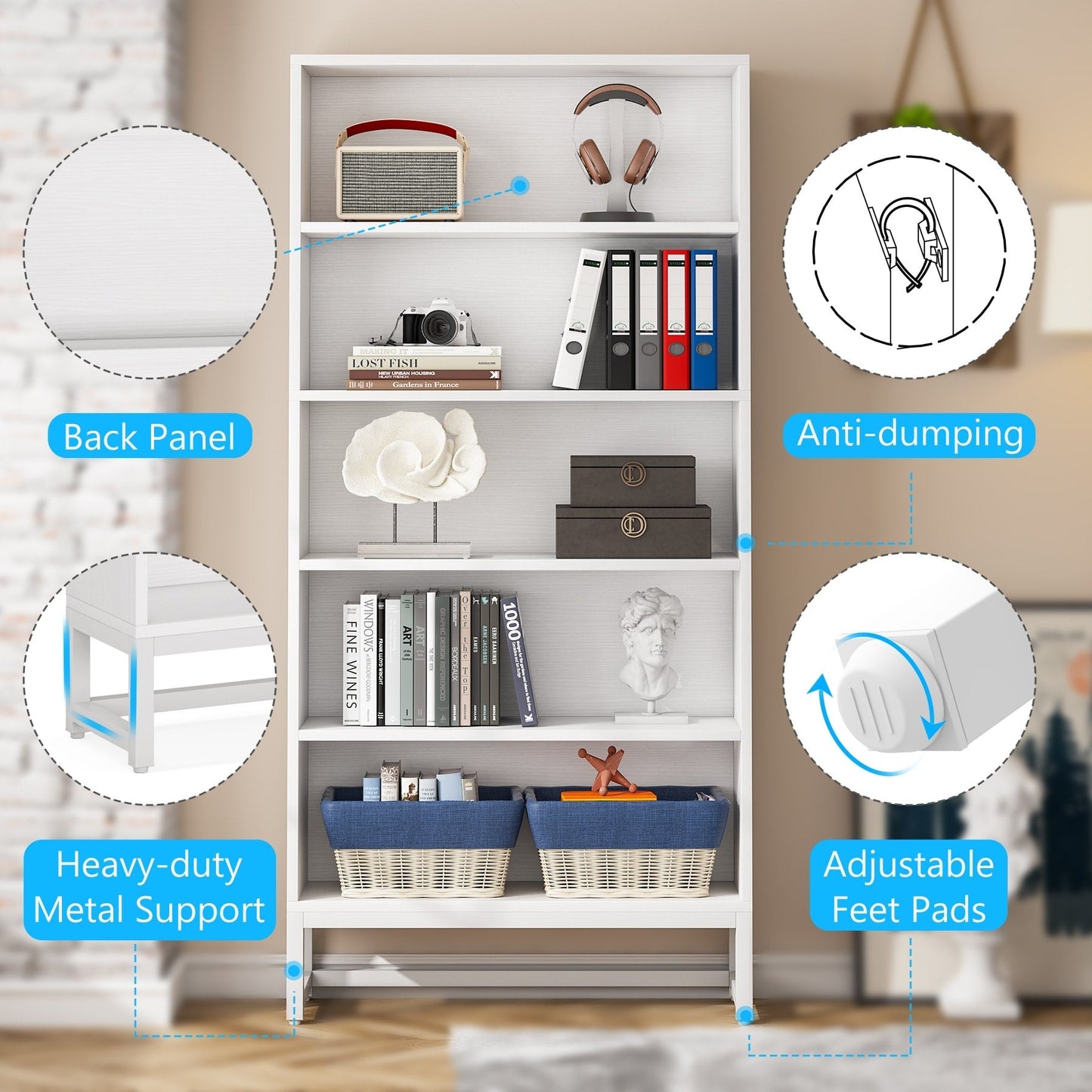 Étagère à livres et bibliothèque de 180 cm de hauteur, grande bibliothèque à 5 niveaux - 30 x 80 x 180 cm (L x l x h)