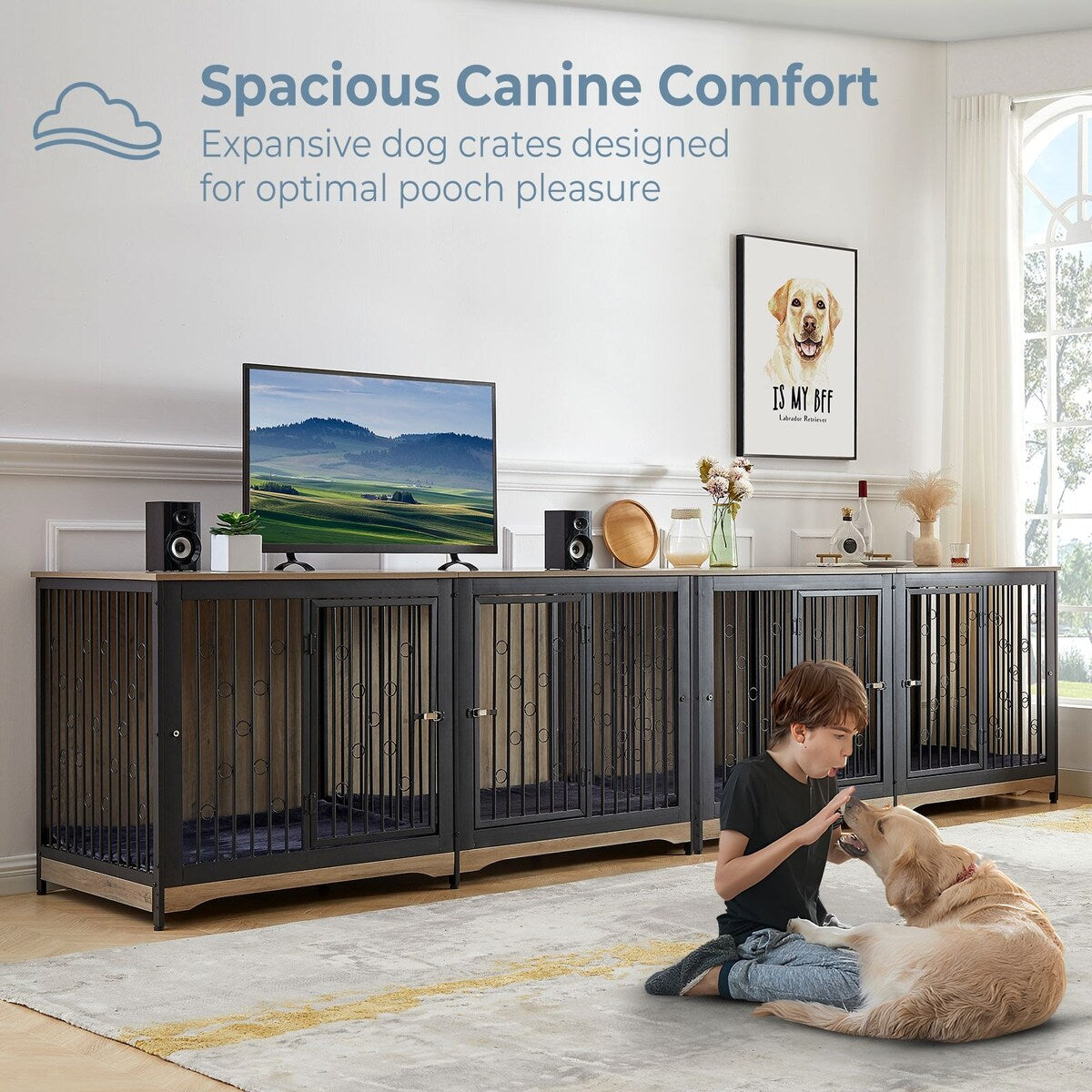 Cage pour chien 70.86'' en forme de meuble, grand modèle pour TV, avec coussin et deux compartiments (sans coussin)